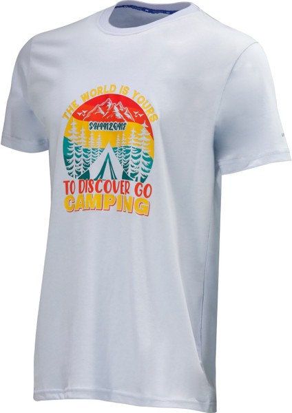 Erkek Bisiklet Yaka Standart Fit Discovery Göğüs Baskılı Mavi T-Shirt