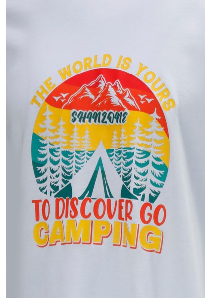 Erkek Bisiklet Yaka Standart Fit Discovery Göğüs Baskılı Mavi T-Shirt