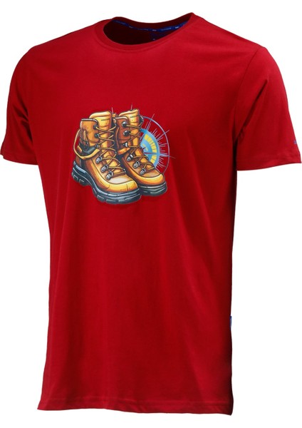 Erkek Bisiklet Yaka Standart Fit Bot Göğüs Baskılı Bordo T-Shirt