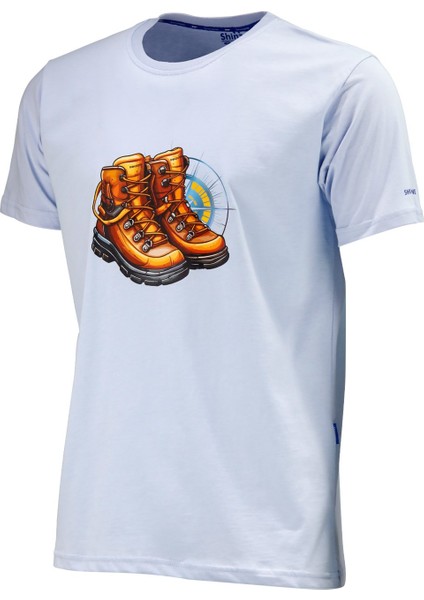 Erkek Bisiklet Yaka Standart Fit Bot Göğüs Baskılı Mavi T-Shirt