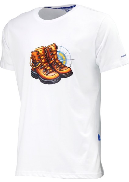 Erkek Bisiklet Yaka Standart Fit Bot Göğüs Baskılı Beyaz T-Shirt