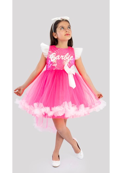 Pembe Barbie Kız Çocuk Kuyruklu Taçlı Doğum Günü Parti Elbisesi