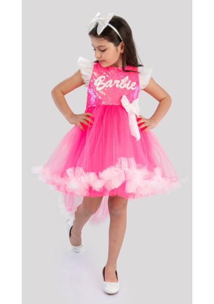 Pembe Barbie Kız Çocuk Kuyruklu Taçlı Doğum Günü Parti Elbisesi fiyatları