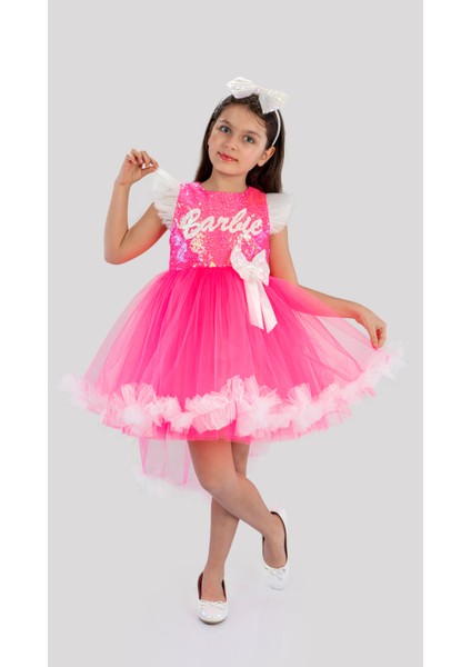 Pembe Barbie Kız Çocuk Kuyruklu Taçlı Doğum Günü Parti Elbisesi modelleri