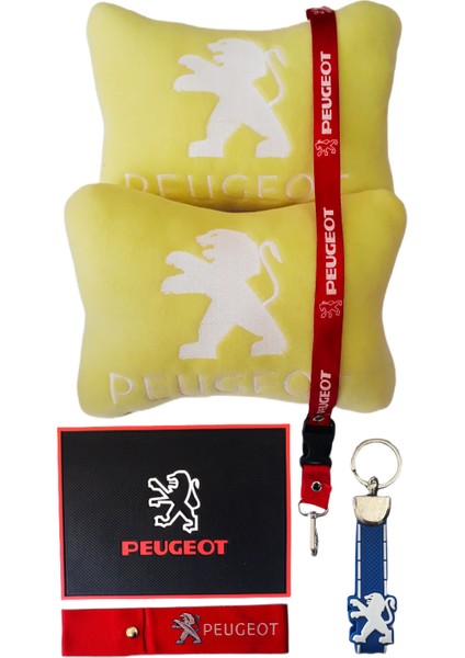 Peugeot Beyaz Nakışlı Sarı Polar Araç & Oto Koltuk Seyahat Boyun Yastığı / Peugeot Oto Aksesuar