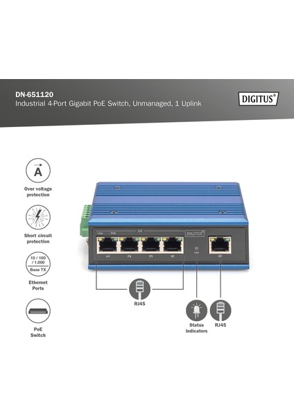 4 Port Gigabit Ağ Poe Anahtarı, Endüstriyel, Yönetilmeyen, 1 RJ45 Uplink