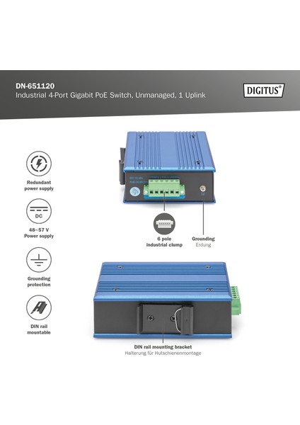 4 Port Gigabit Ağ Poe Anahtarı, Endüstriyel, Yönetilmeyen, 1 RJ45 Uplink
