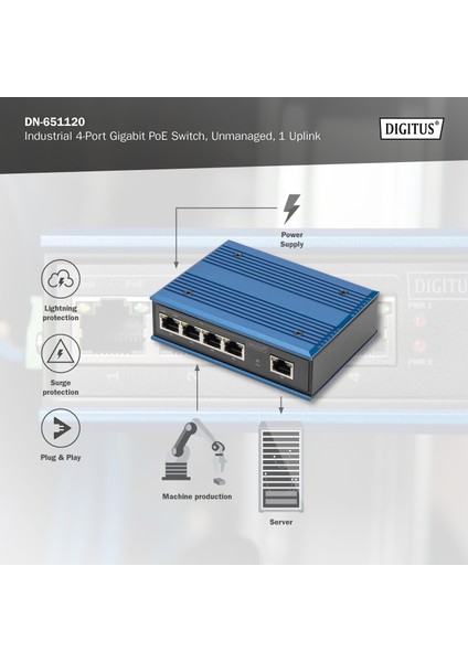 4 Port Gigabit Ağ Poe Anahtarı, Endüstriyel, Yönetilmeyen, 1 RJ45 Uplink