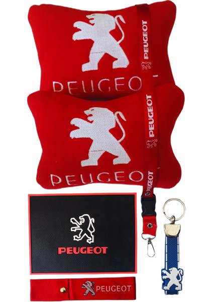 Peugeot Beyaz Nakışlı Kırmızı Polar Araç & Oto Koltuk Seyahat Boyun Yastığı / Peugeot Oto Aksesuar