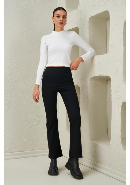 Kadın Siyah Çelik Örme Ispanyol Paça Pantolon