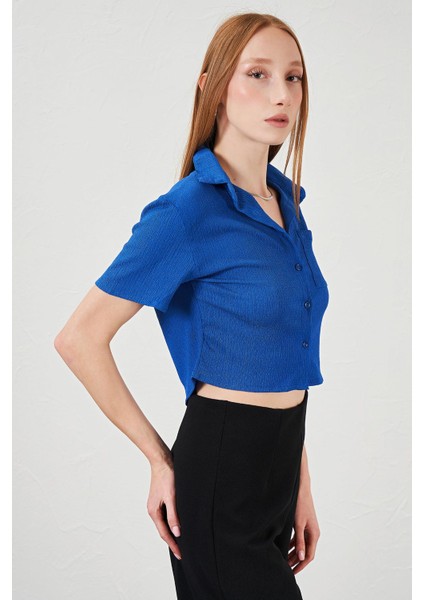 Kadın Saks Bürümcük Tek Cep Crop Gömlek modelleri