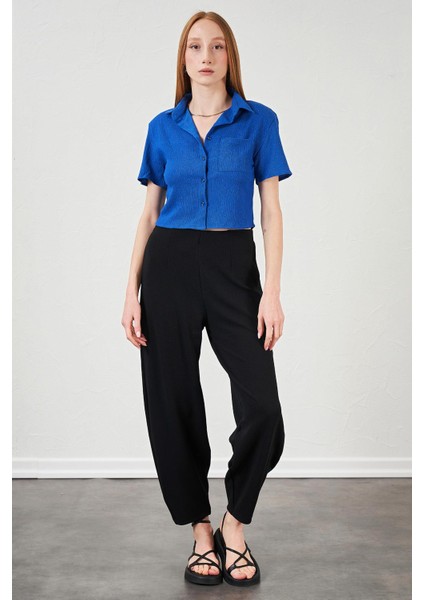 Kadın Saks Bürümcük Tek Cep Crop Gömlek indirimleri