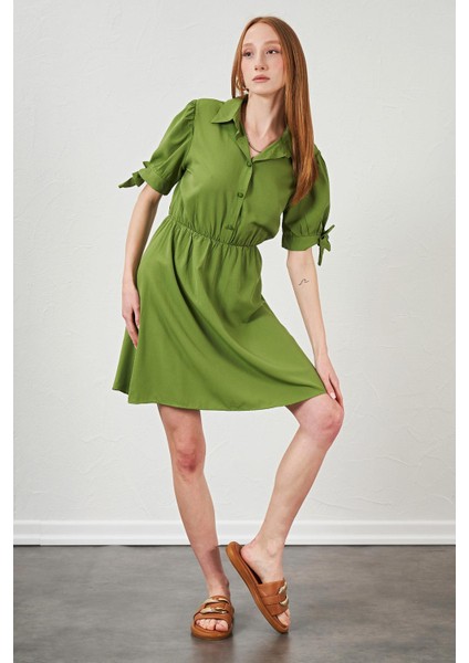 Kadın Petrol Yeşili Kolları Bağlamalı Poplin Elbise