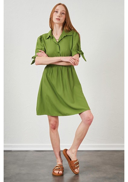 Kadın Petrol Yeşili Kolları Bağlamalı Poplin Elbise fiyatları