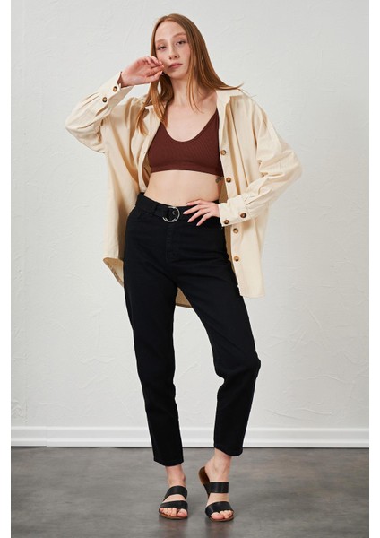 Kadın Siyah Beli Kendinden Kemerli Gabardin Basic Pantolon