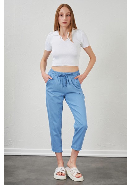 Kadın Mavi Paça Pis Dikişli Gabardin Pantolon