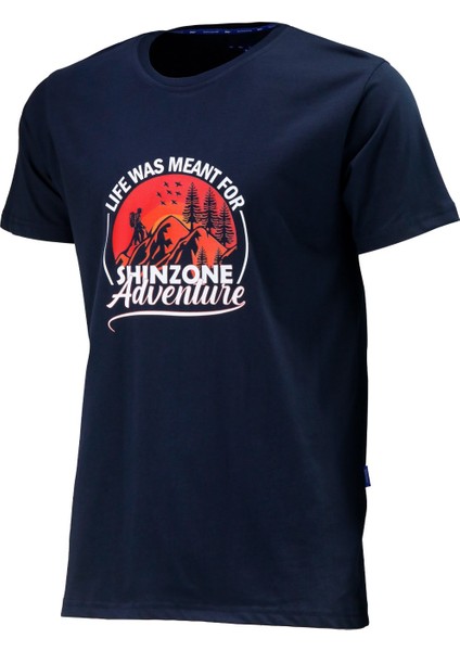 Erkek Bisiklet Yaka Standart Göğüs Baskılı Lacivert T-Shirt