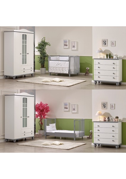 Meltem Smart Bambino Büyüyen Beşik 80X130 cm Karyola 80X180 cm (Gri-Pembe)