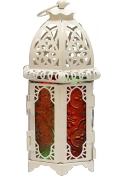 Beyaz Çok Renkli Stil Vintage Fas Rüzgar Geçirmez Mumluklar Asılı Mum Fener Demir Cam Adak Şamdan Düğün Dekor Parti Ev 7*17 cm (Yurt Dışından)