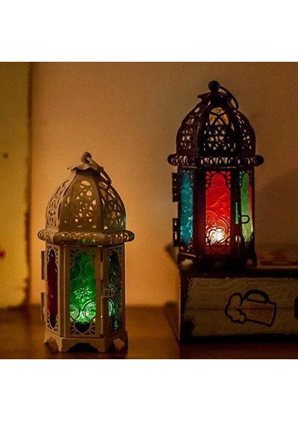 Beyaz Çok Renkli Stil Vintage Fas Rüzgar Geçirmez Mumluklar Asılı Mum Fener Demir Cam Adak Şamdan Düğün Dekor Parti Ev 7*17 cm (Yurt Dışından)