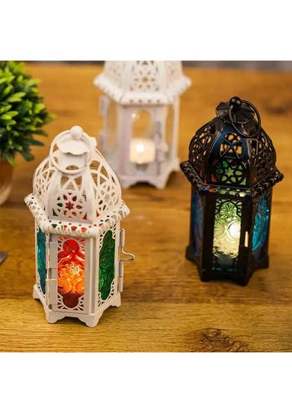Beyaz Çok Renkli Stil Vintage Fas Rüzgar Geçirmez Mumluklar Asılı Mum Fener Demir Cam Adak Şamdan Düğün Dekor Parti Ev 7*17 cm (Yurt Dışından)