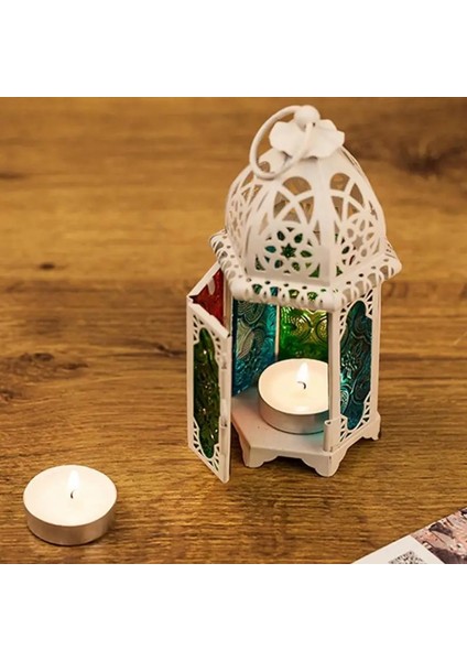 Beyaz Çok Renkli Stil Vintage Fas Rüzgar Geçirmez Mumluklar Asılı Mum Fener Demir Cam Adak Şamdan Düğün Dekor Parti Ev 7*17 cm (Yurt Dışından)