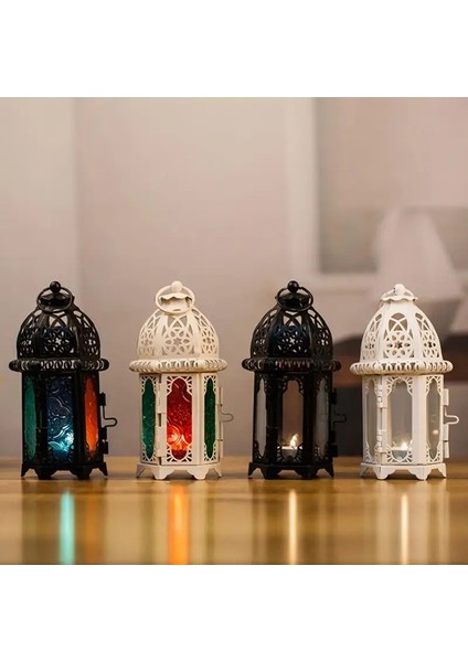 Beyaz Çok Renkli Stil Vintage Fas Rüzgar Geçirmez Mumluklar Asılı Mum Fener Demir Cam Adak Şamdan Düğün Dekor Parti Ev 7*17 cm (Yurt Dışından)