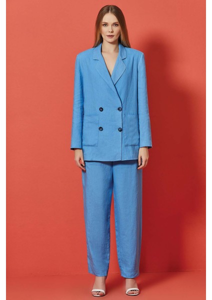 Düz Paça Mavi Keten Pantolon