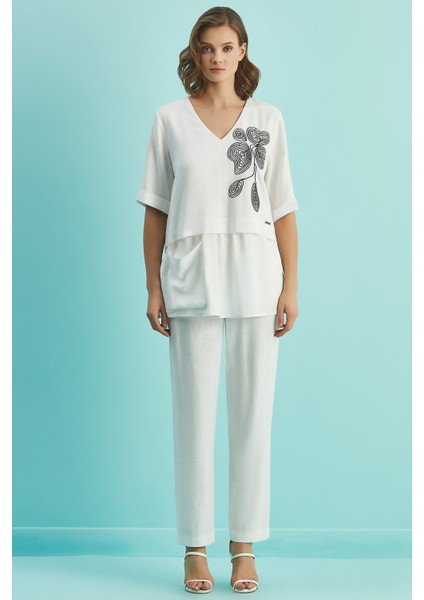 Düz Paça Beyaz Keten Pantolon