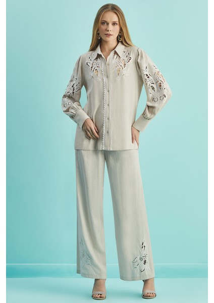 Geniş Paça Bej Keten Pantolon