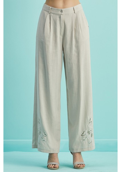 Geniş Paça Bej Keten Pantolon modelleri
