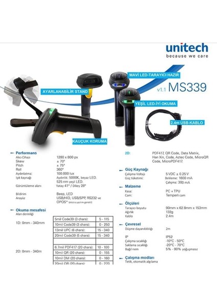 Unıtech MS339-1CG 2d Barkod Okuyucu+Stand+Oto Okum