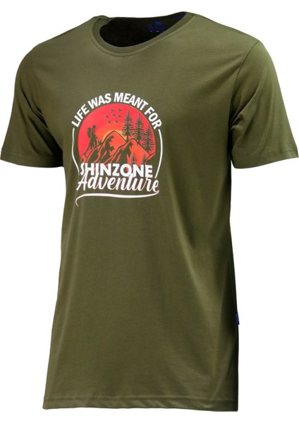 Erkek Bisiklet Yaka Standart Göğüs Baskılı Haki T-Shirt