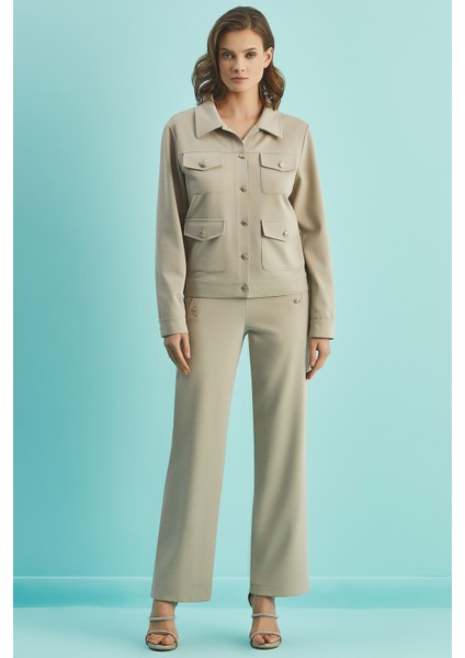 Geniş Paça Bej Örme Pantolon