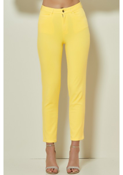 Dar Paça Sarı Pamuklu Pantolon modelleri