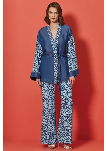 Geniş Paça Baskılı Mavi Pantolon