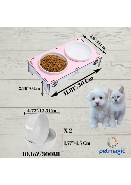 Ahşap, Beyaz Seramik Kaseli Kedi, Mini Irk Köpek Mama Kabı, Pembe