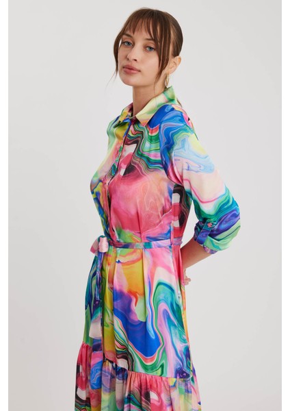 Batik Desen Uzun Kol Kuşaklı Elbise