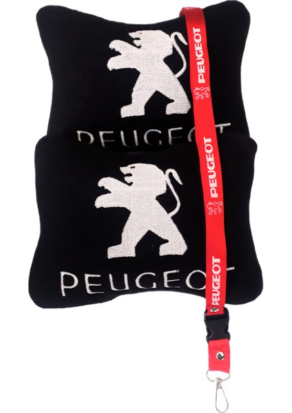 Peugeot Beyaz Nakışlı Siyah Polar Araç & Oto Koltuk Seyahat Boyun Yastığı / Kırmızı Oto Ayna Askısı