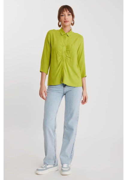 Önü Büzgülü Viskon Keten Gömlek