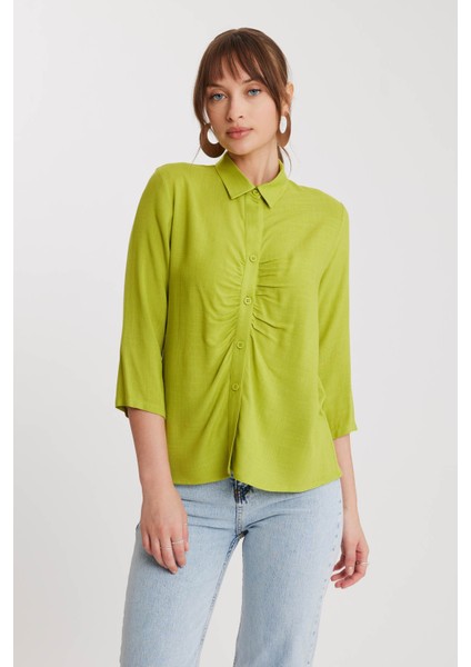 Önü Büzgülü Viskon Keten Gömlek fırsatları