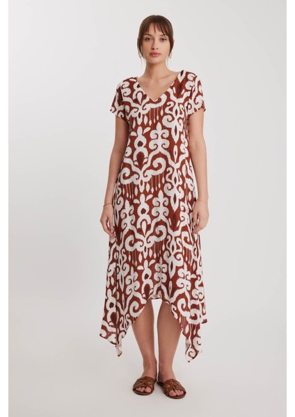 Etnik Desen Asimetrik Kesim Elbise