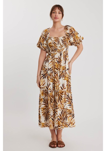 Gipeli Balon Kol Desenli Uzun Elbise