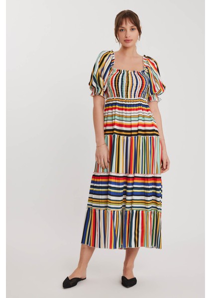 Gipeli Balon Kol Çizgi Desen Elbise