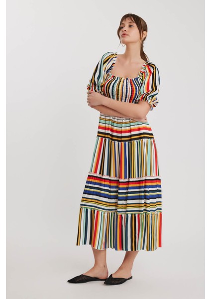 Gipeli Balon Kol Çizgi Desen Elbise modelleri