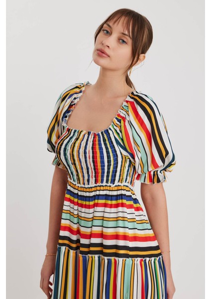 Gipeli Balon Kol Çizgi Desen Elbise fırsatları