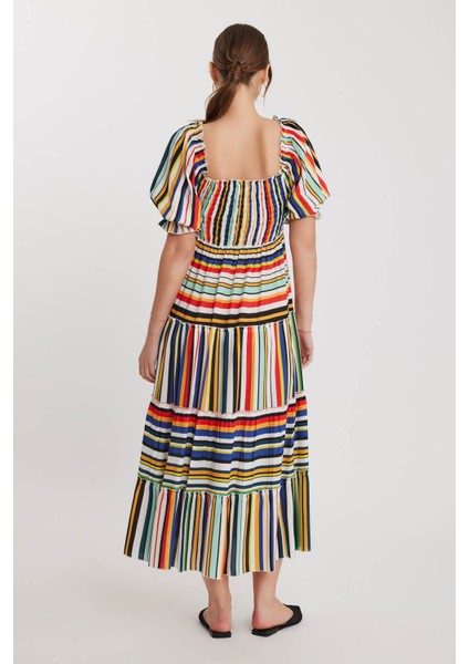 Gipeli Balon Kol Çizgi Desen Elbise indirimleri