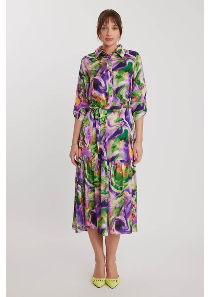 Batik Desen Uzun Kol Kuşaklı Elbise