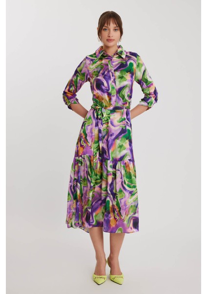 Batik Desen Uzun Kol Kuşaklı Elbise fiyatları