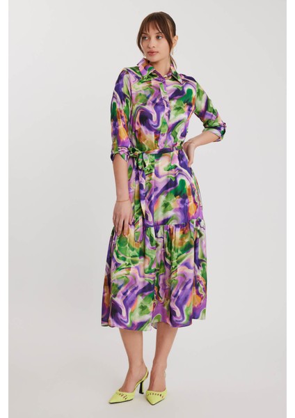 Batik Desen Uzun Kol Kuşaklı Elbise modelleri